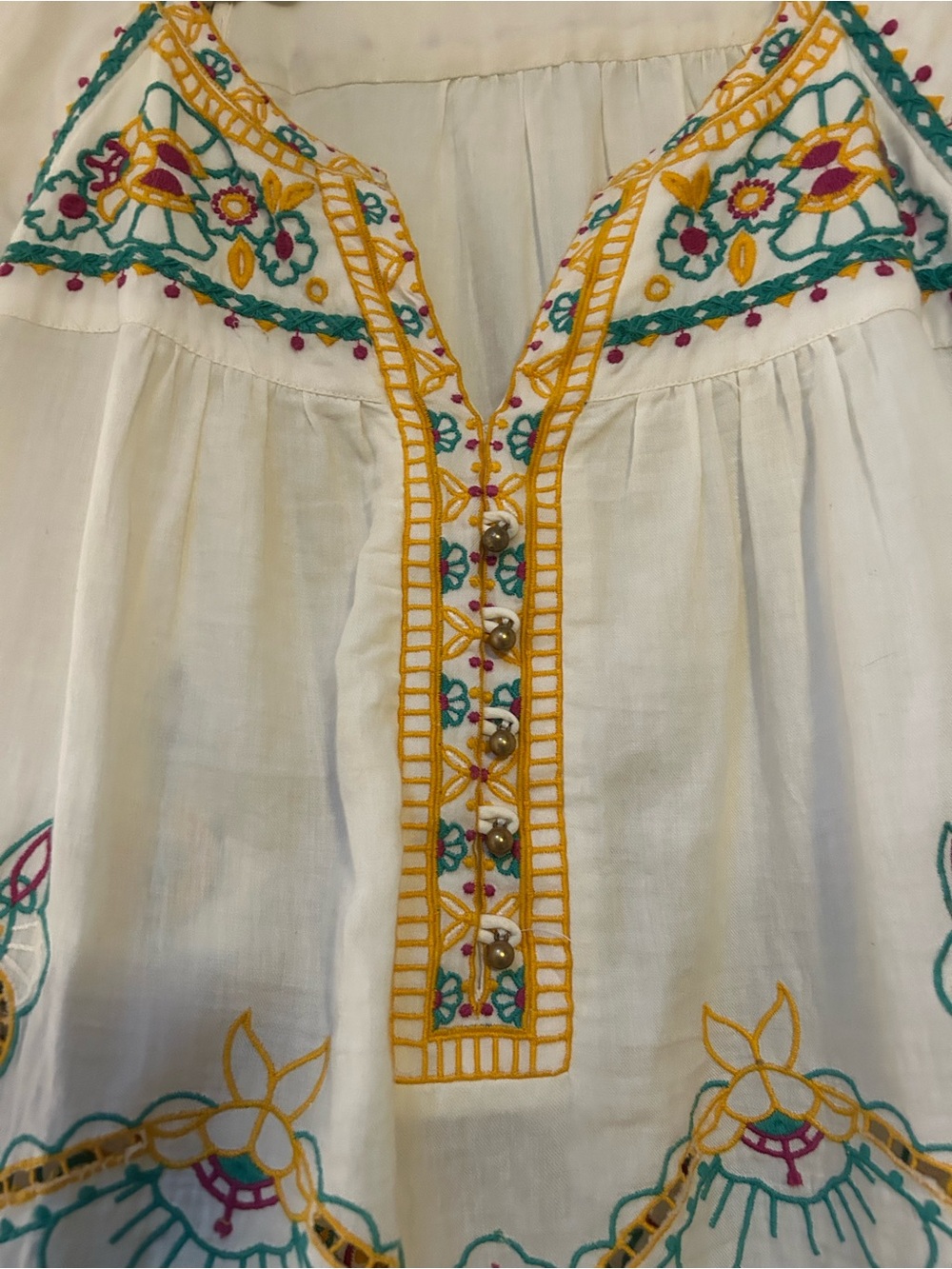 Embroidered White Cotton Peasant Top with Yellow & Teal Accents - Picture 2 of 8